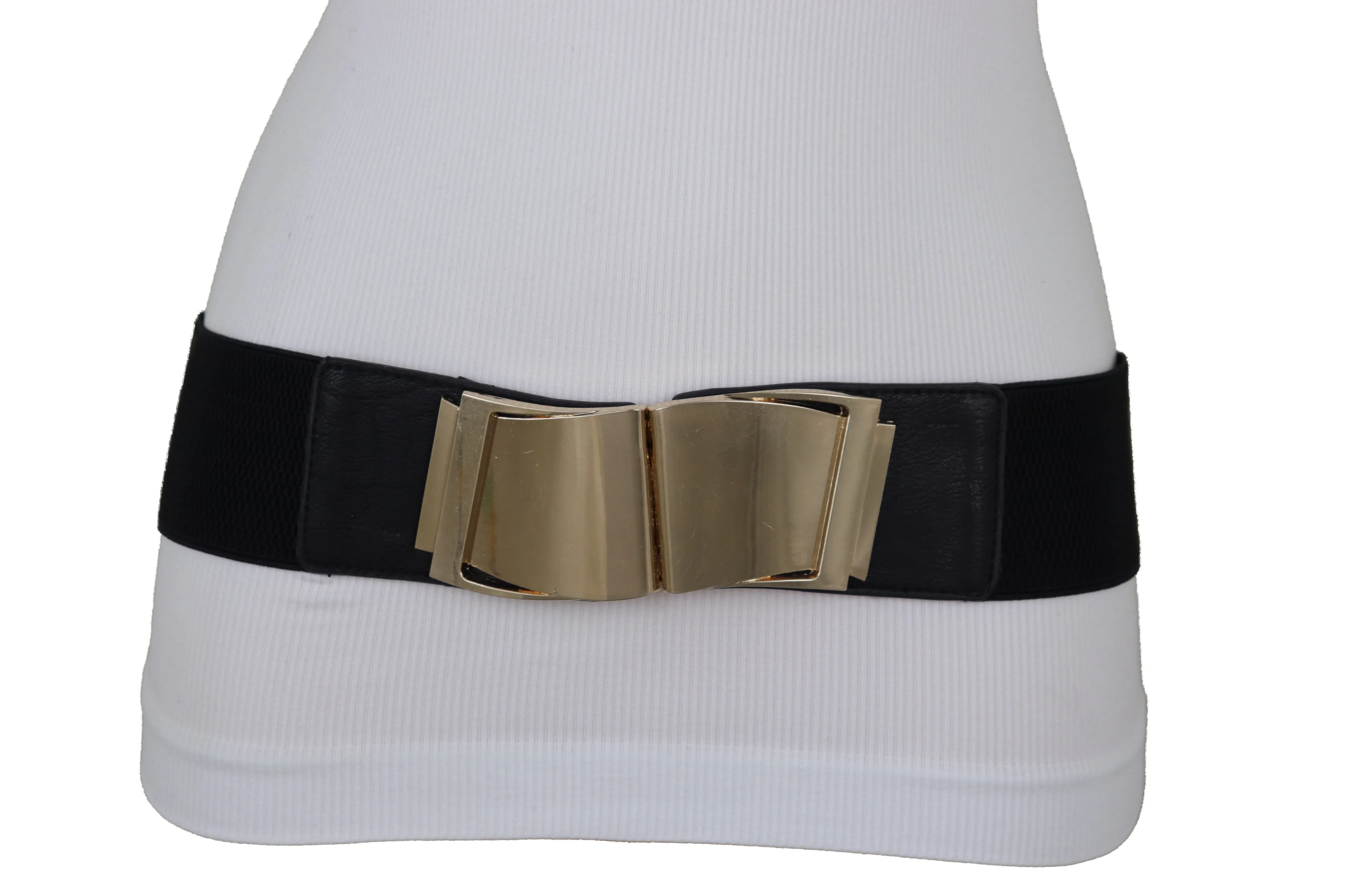 Black Faux Leather Stretch Waistband Hip High Waisted Belt Gold Wave Buckle S M
