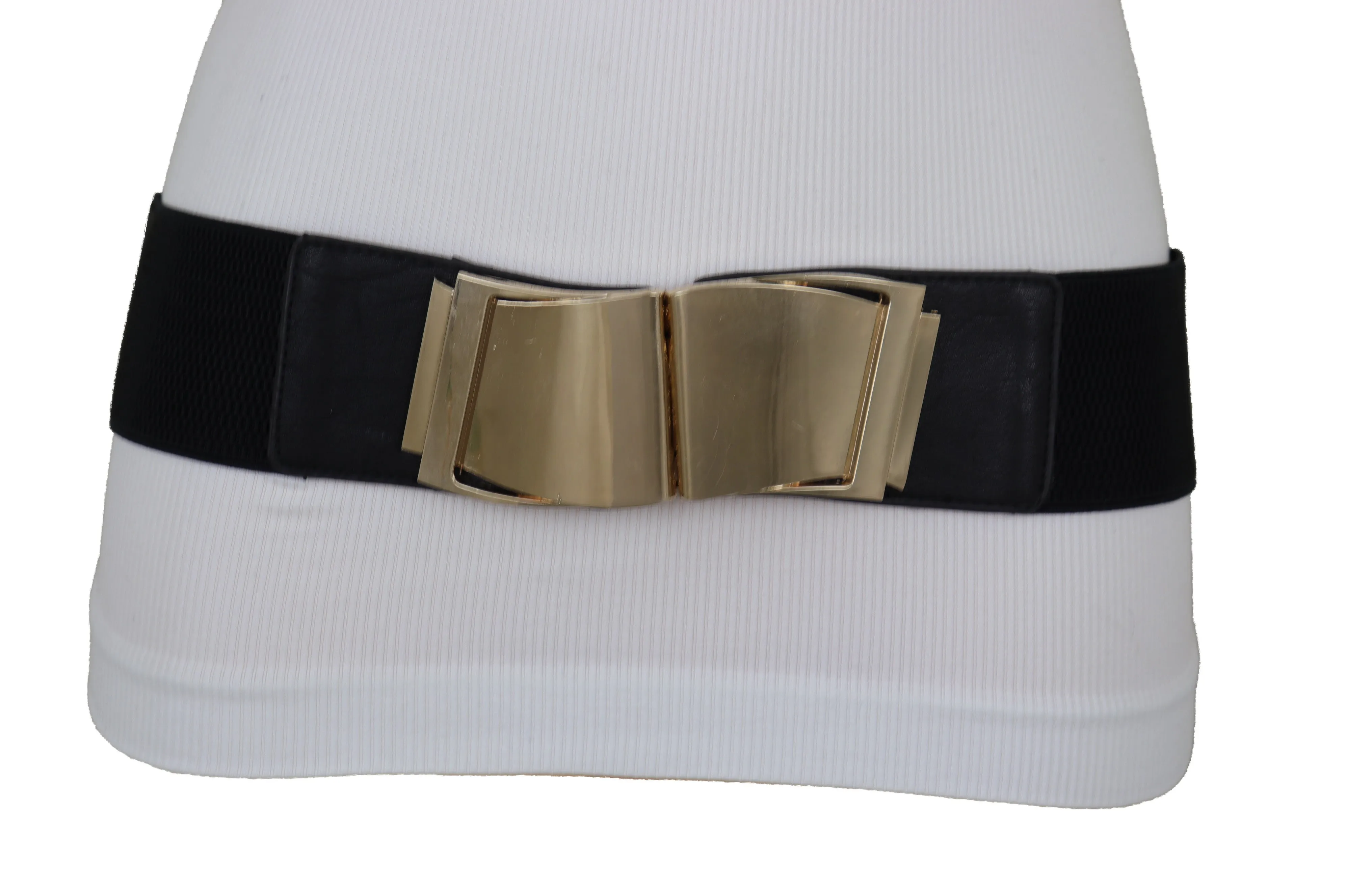 Black Faux Leather Stretch Waistband Hip High Waisted Belt Gold Wave Buckle S M