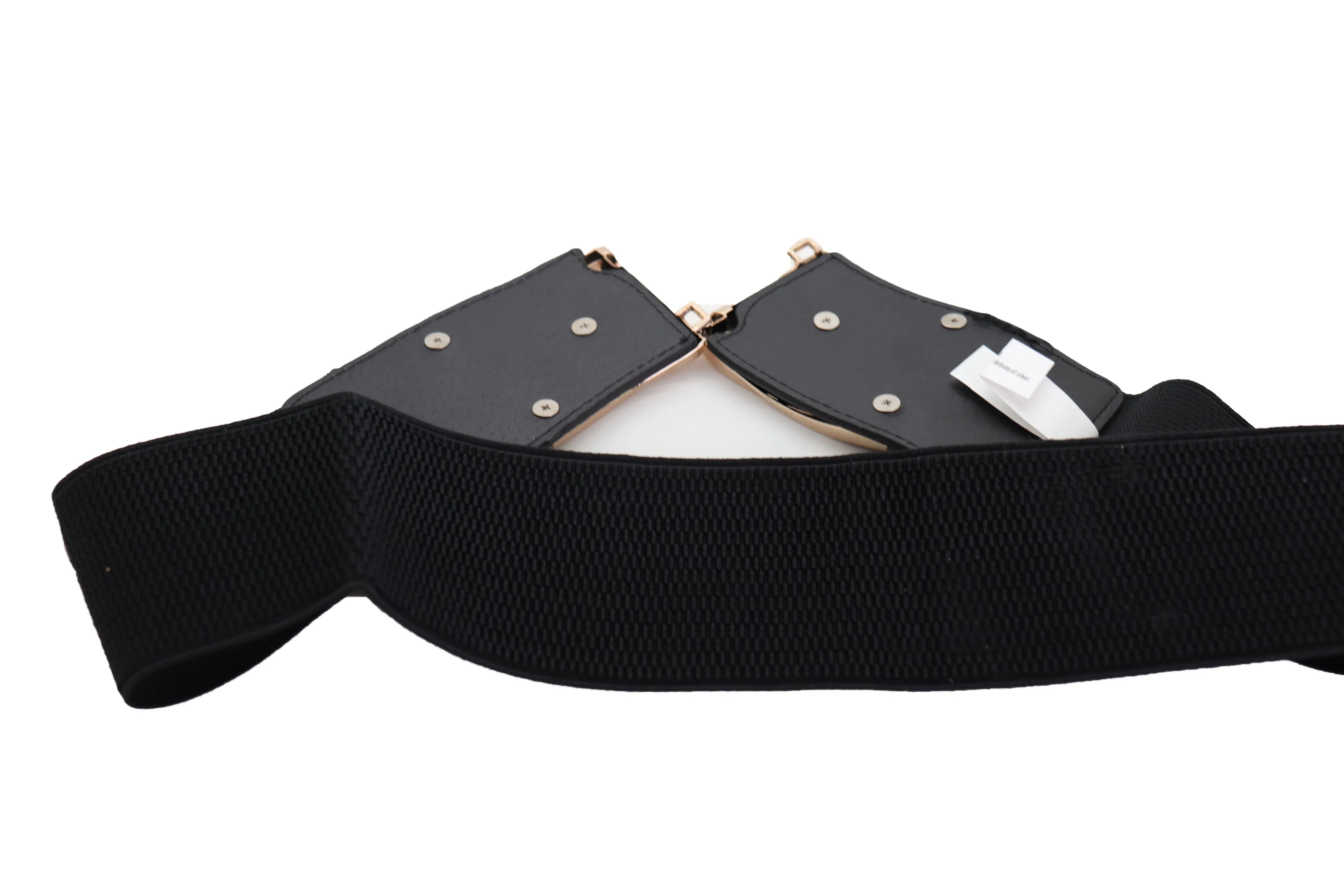 Black Faux Leather Stretch Waistband Hip High Waisted Belt Gold Wave Buckle S M
