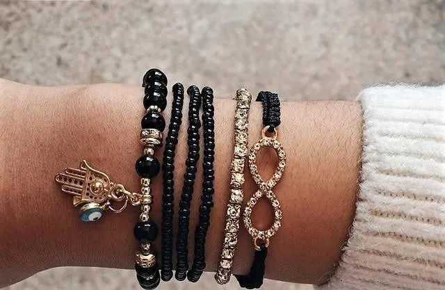 Black Gold Rhinestone Charm Bracelet Set Of 6 Infinity,