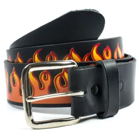 Black Leather Belt w/ Orange Flame Detail