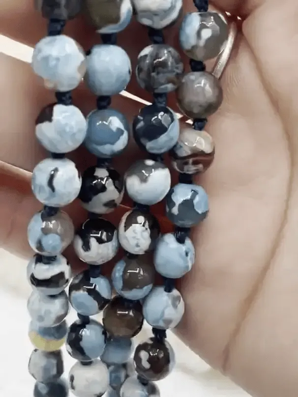Blue Fire AGATE Faceted Hand Knotted Gemstone Necklace, 36"  Agate, 8mm Faceted Polished finish with Turquoise thread. Fast ship