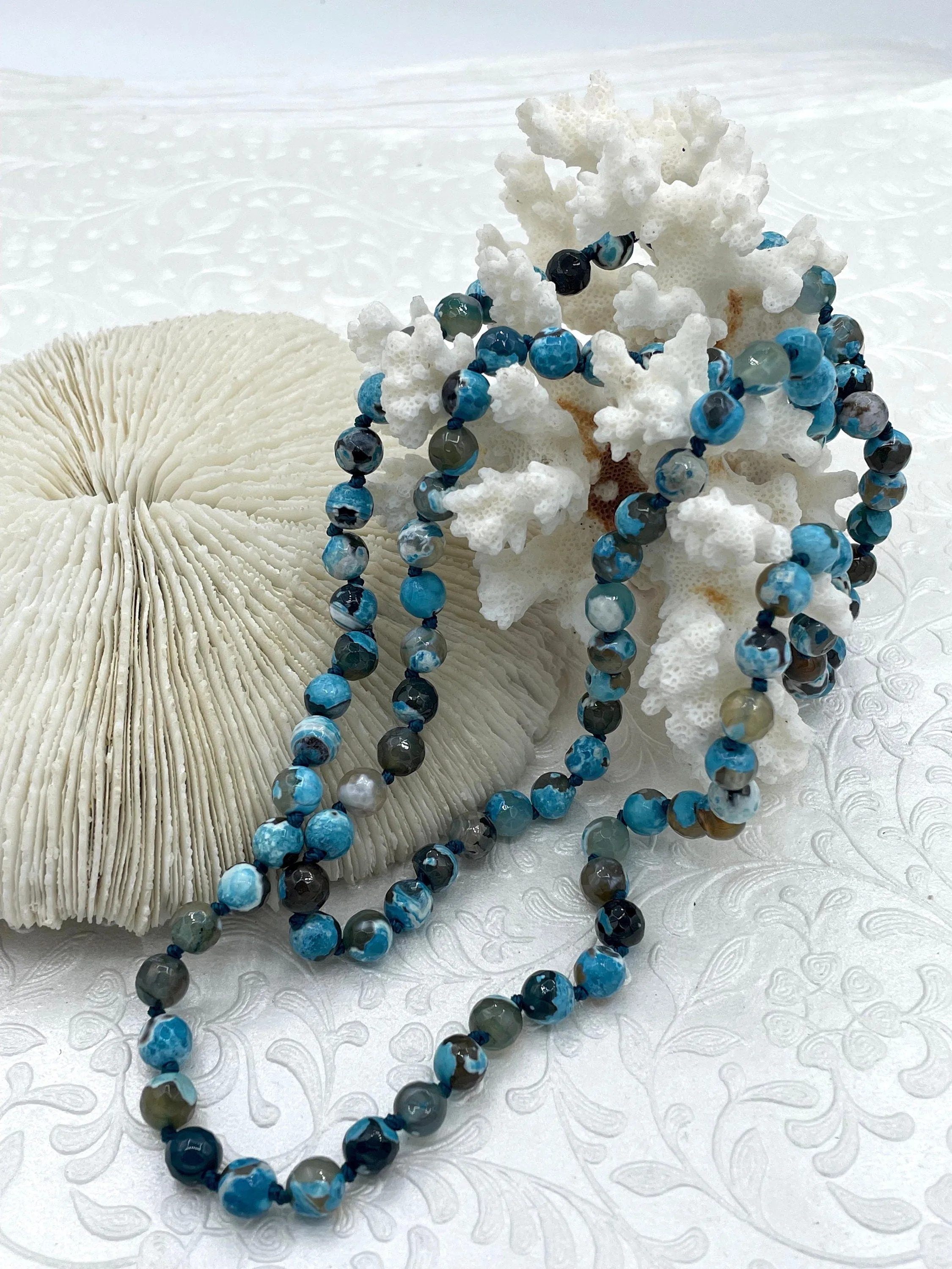 Blue Fire AGATE Faceted Hand Knotted Gemstone Necklace, 36"  Agate, 8mm Faceted Polished finish with Turquoise thread. Fast ship