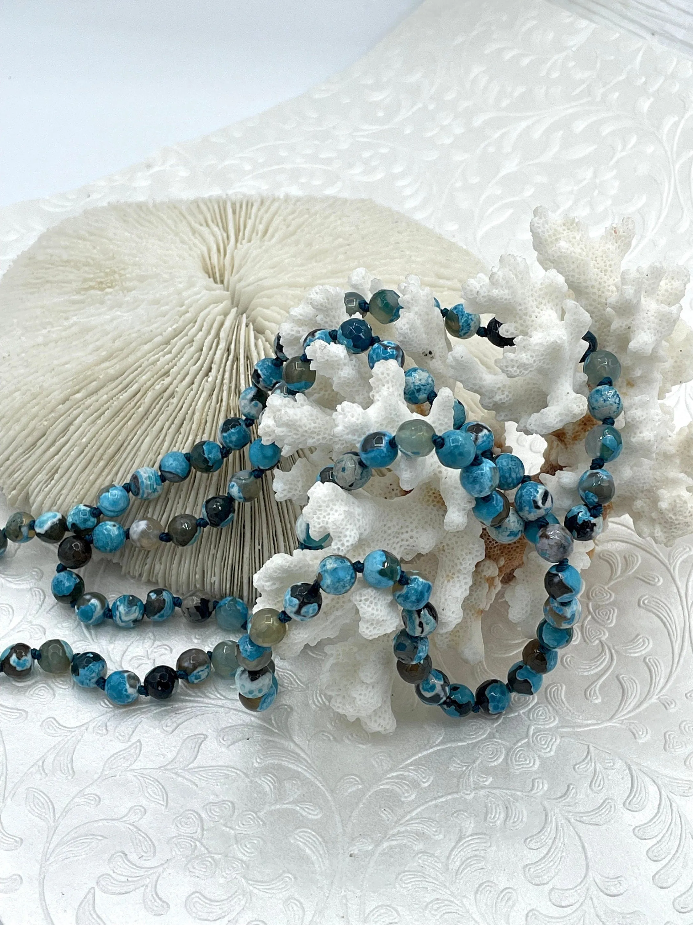 Blue Fire AGATE Faceted Hand Knotted Gemstone Necklace, 36"  Agate, 8mm Faceted Polished finish with Turquoise thread. Fast ship