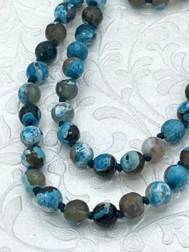 Blue Fire AGATE Faceted Hand Knotted Gemstone Necklace, 36"  Agate, 8mm Faceted Polished finish with Turquoise thread. Fast ship