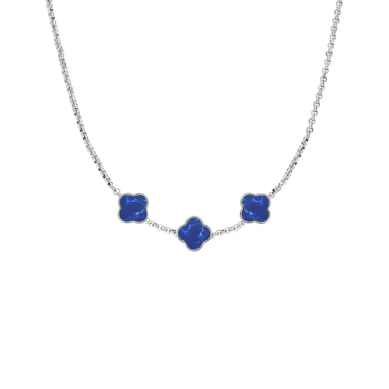 Blue Lace Agate Clover Custom Name Necklace (Silver)