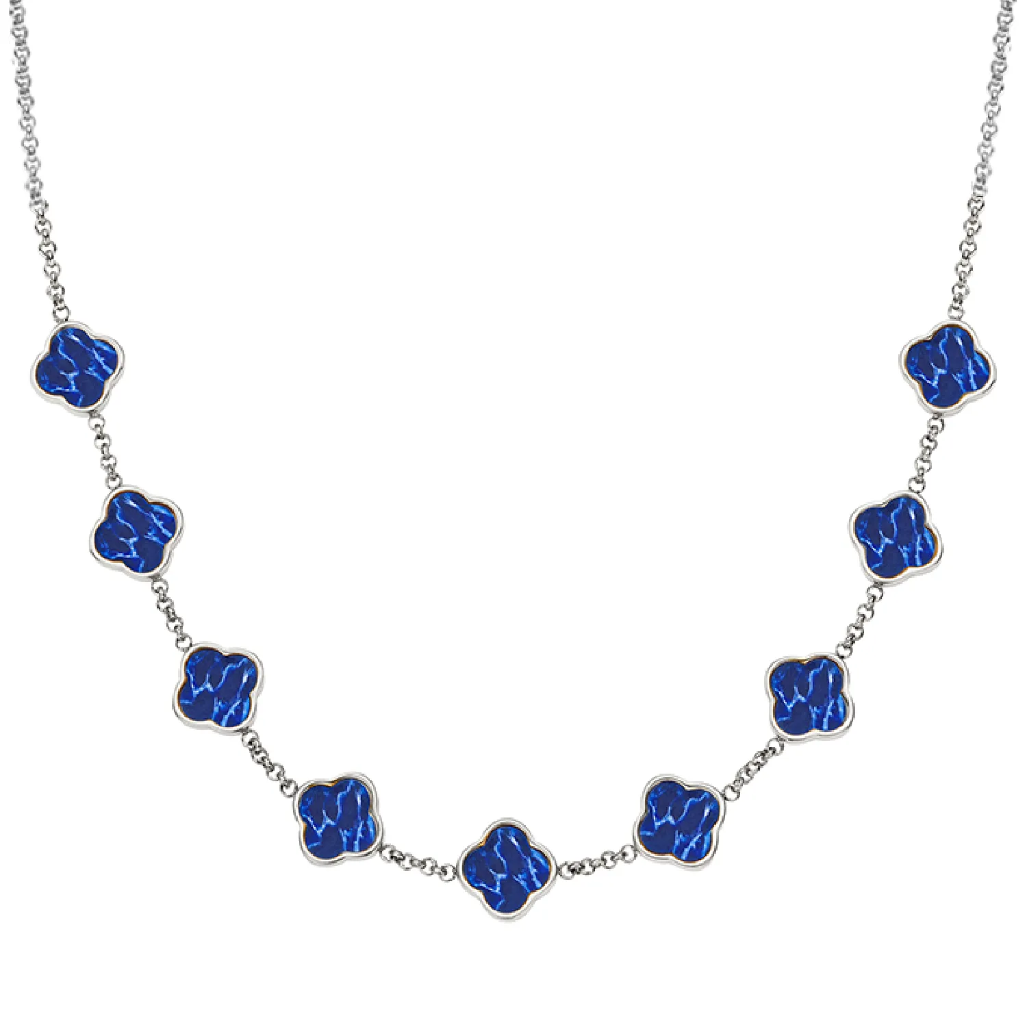 Blue Lace Agate Clover Custom Name Necklace (Silver)