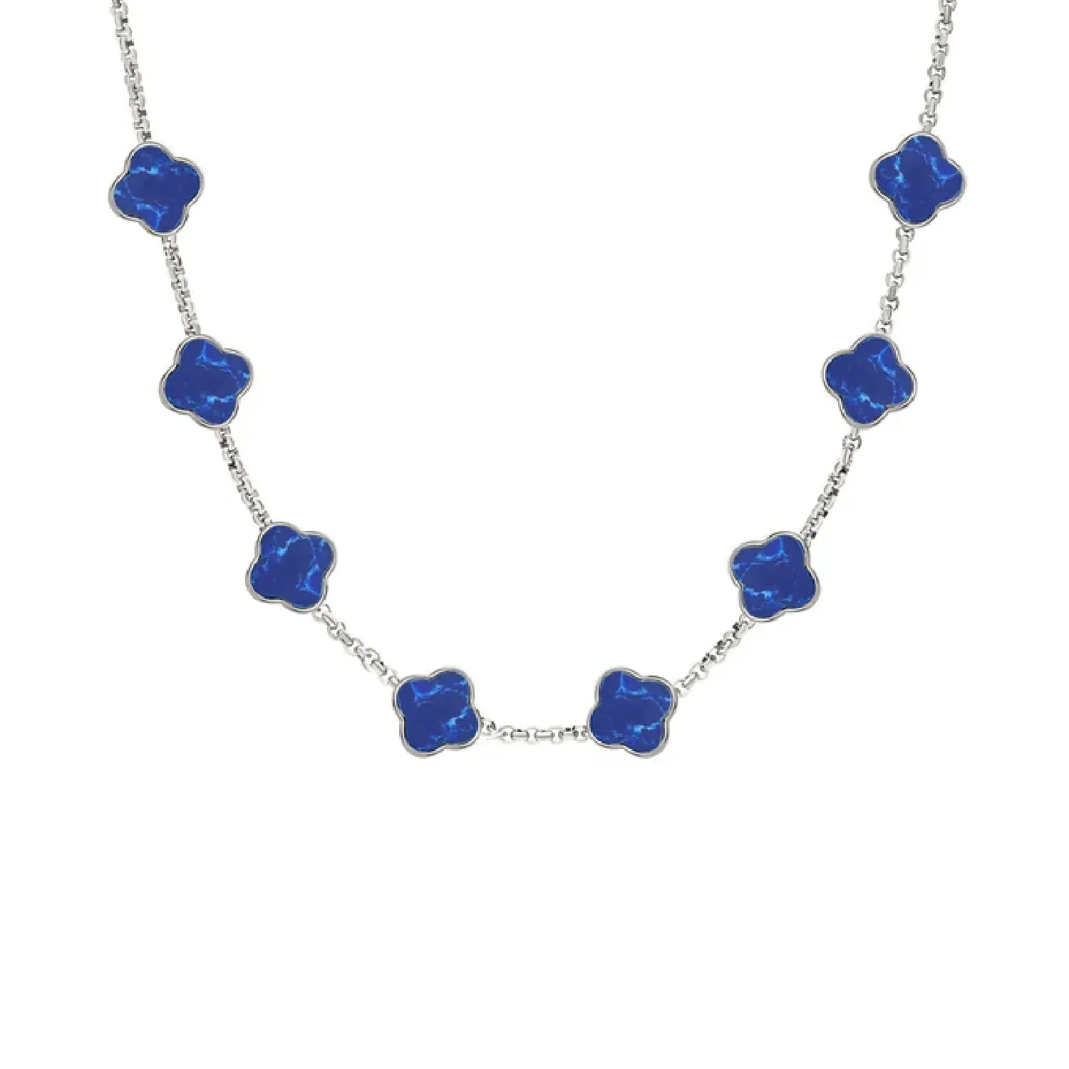 Blue Lace Agate Clover Custom Name Necklace (Silver)