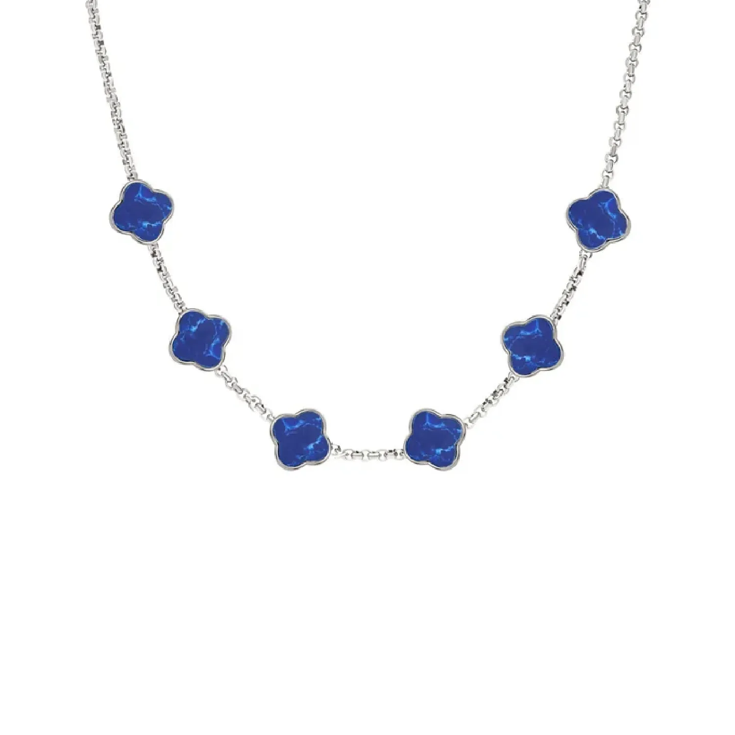 Blue Lace Agate Clover Custom Name Necklace (Silver)
