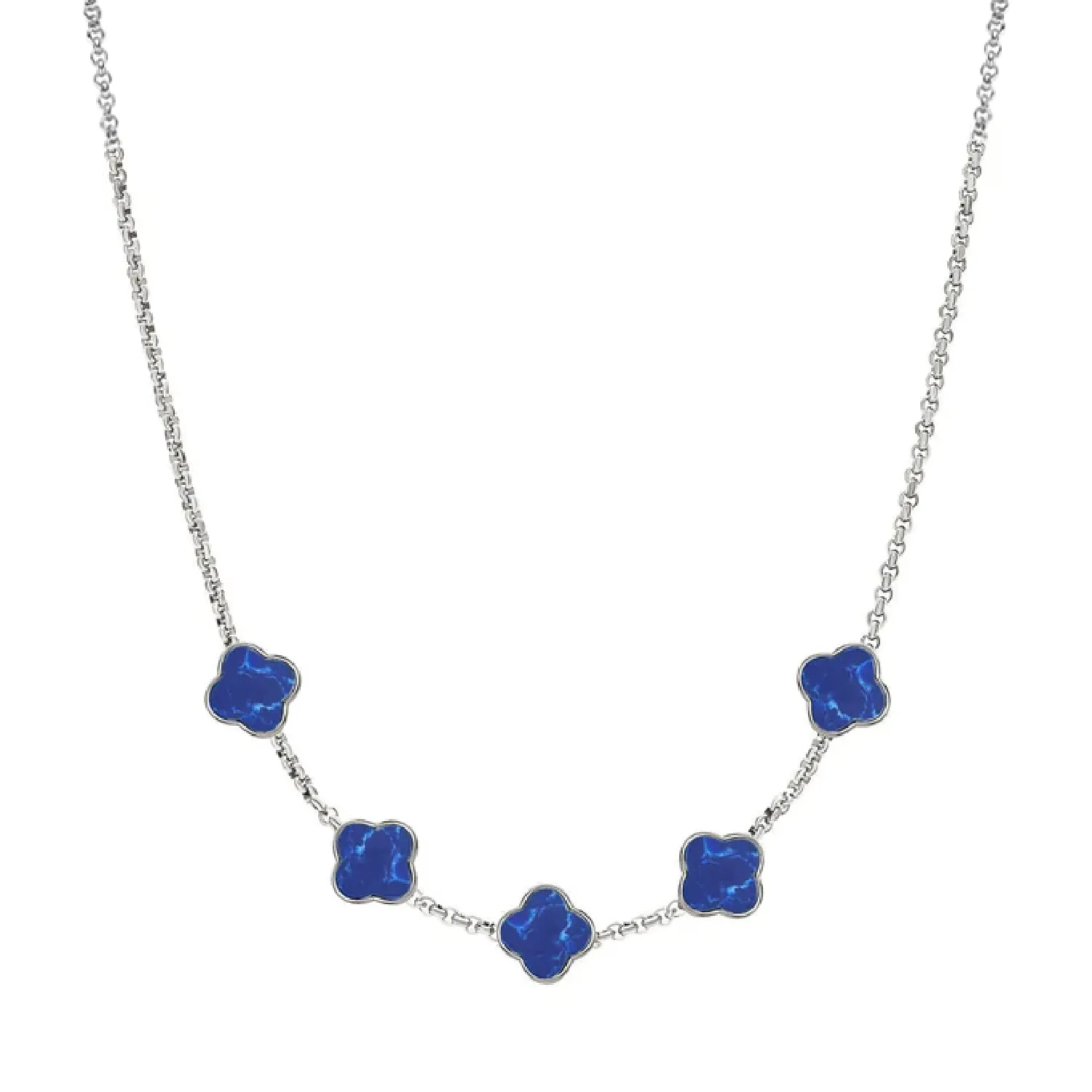 Blue Lace Agate Clover Custom Name Necklace (Silver)