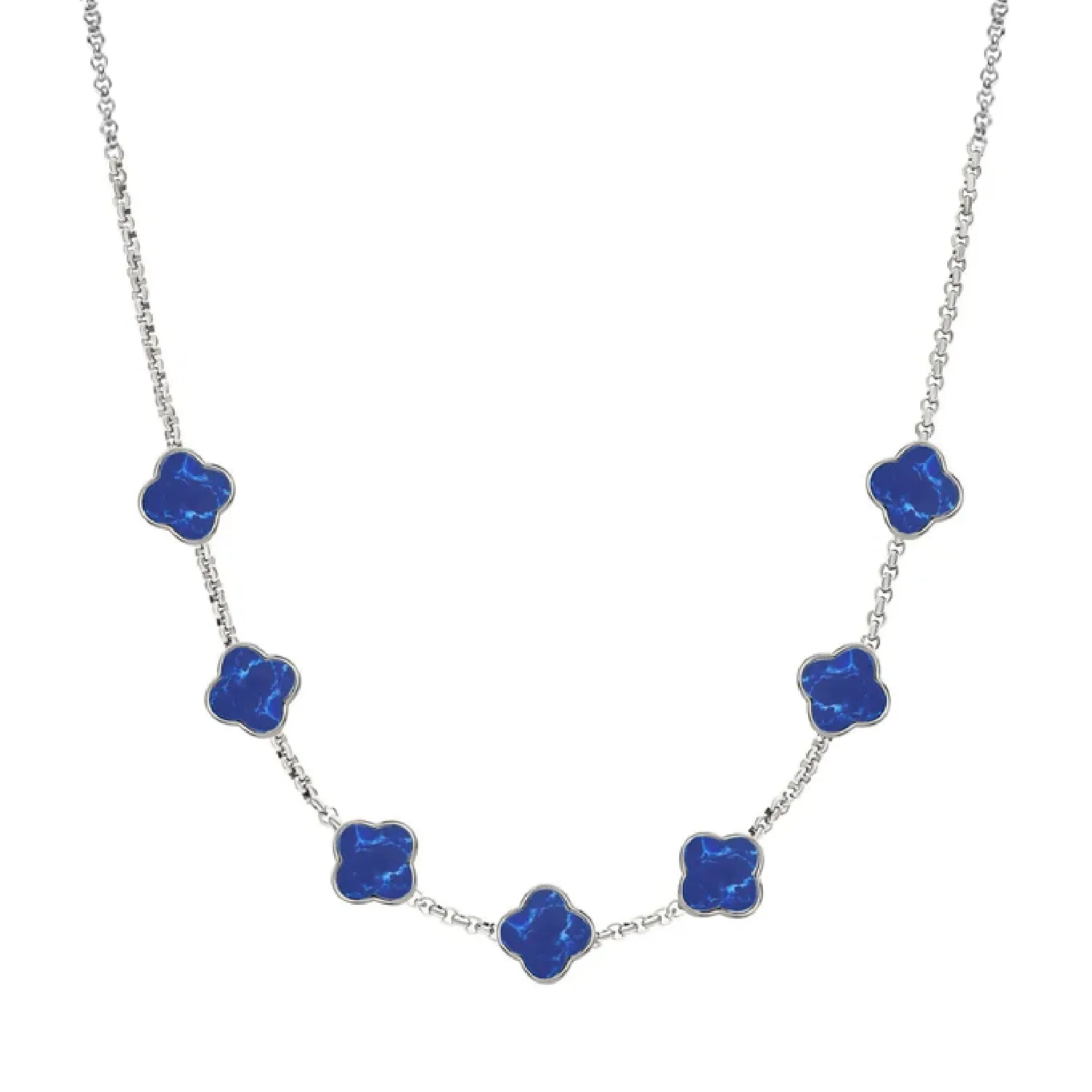 Blue Lace Agate Clover Custom Name Necklace (Silver)