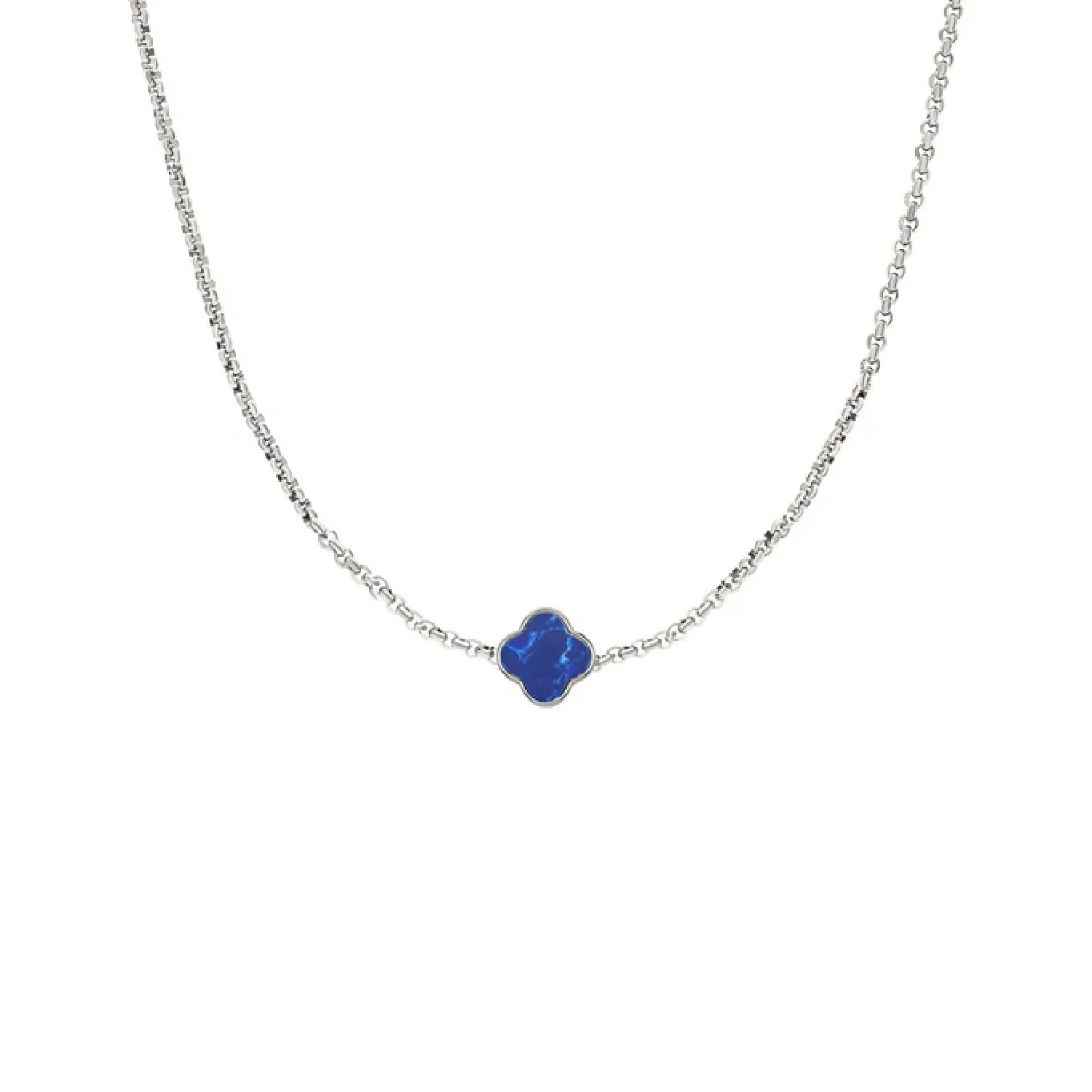 Blue Lace Agate Clover Custom Name Necklace (Silver)