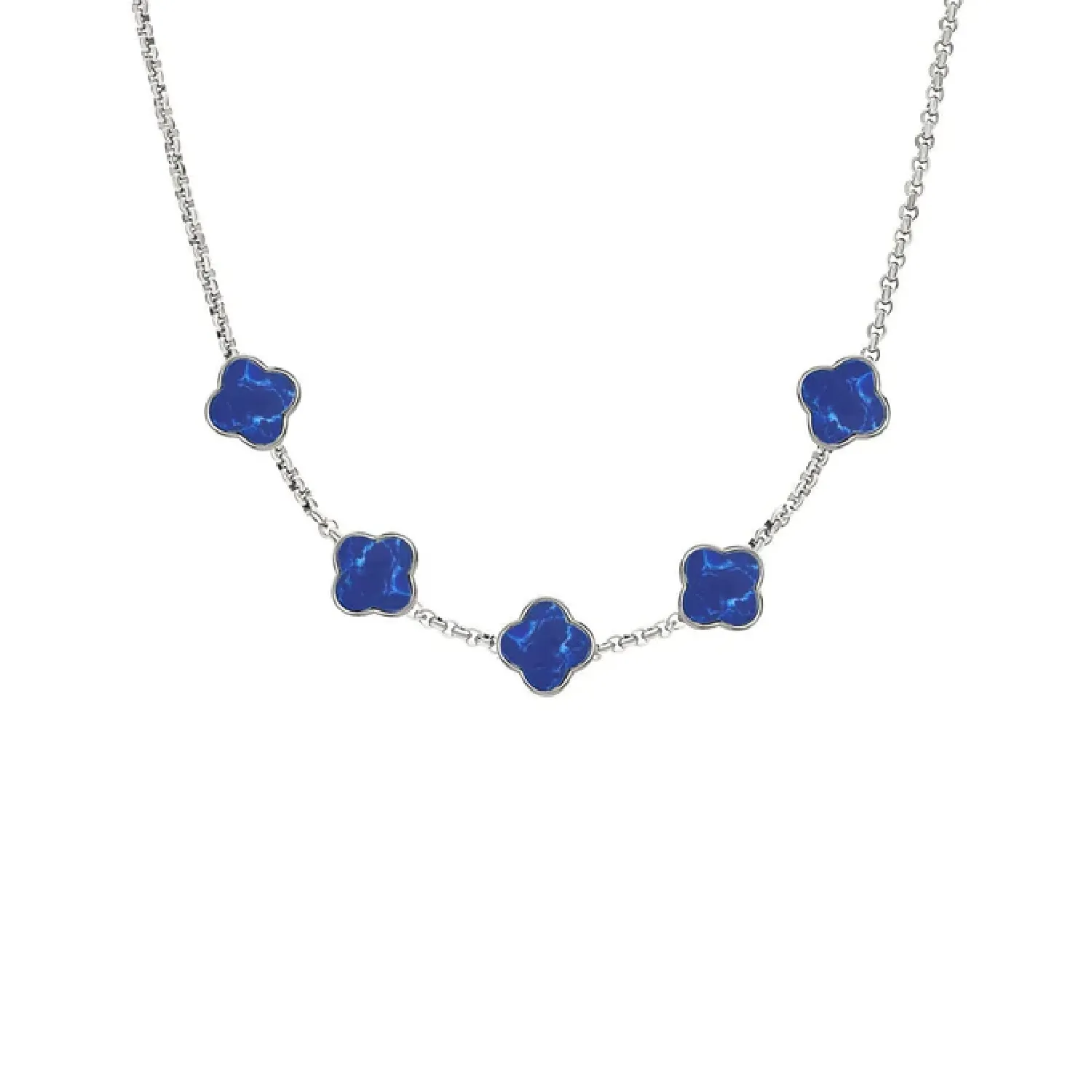 Blue Lace Agate Clover Custom Name Necklace (Silver)