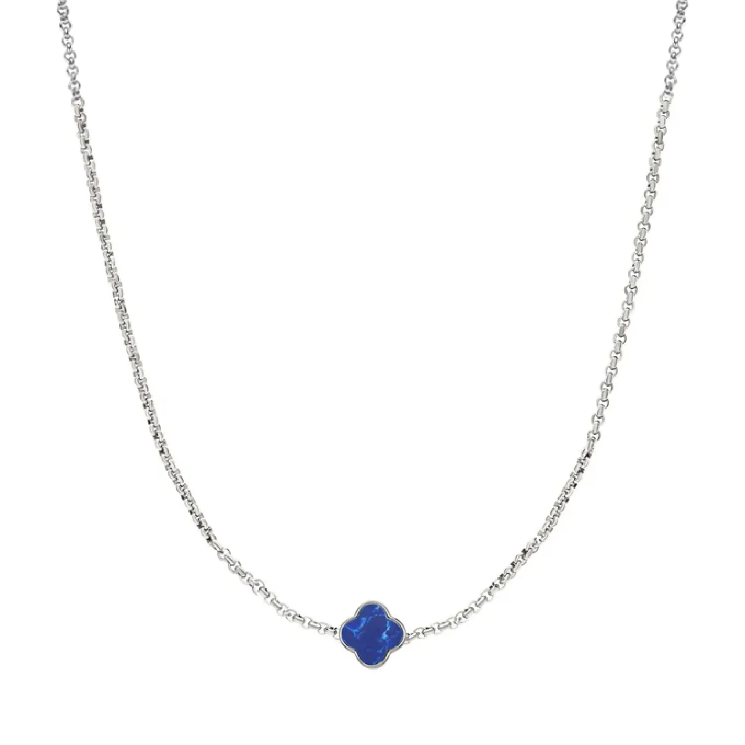 Blue Lace Agate Clover Custom Name Necklace (Silver)