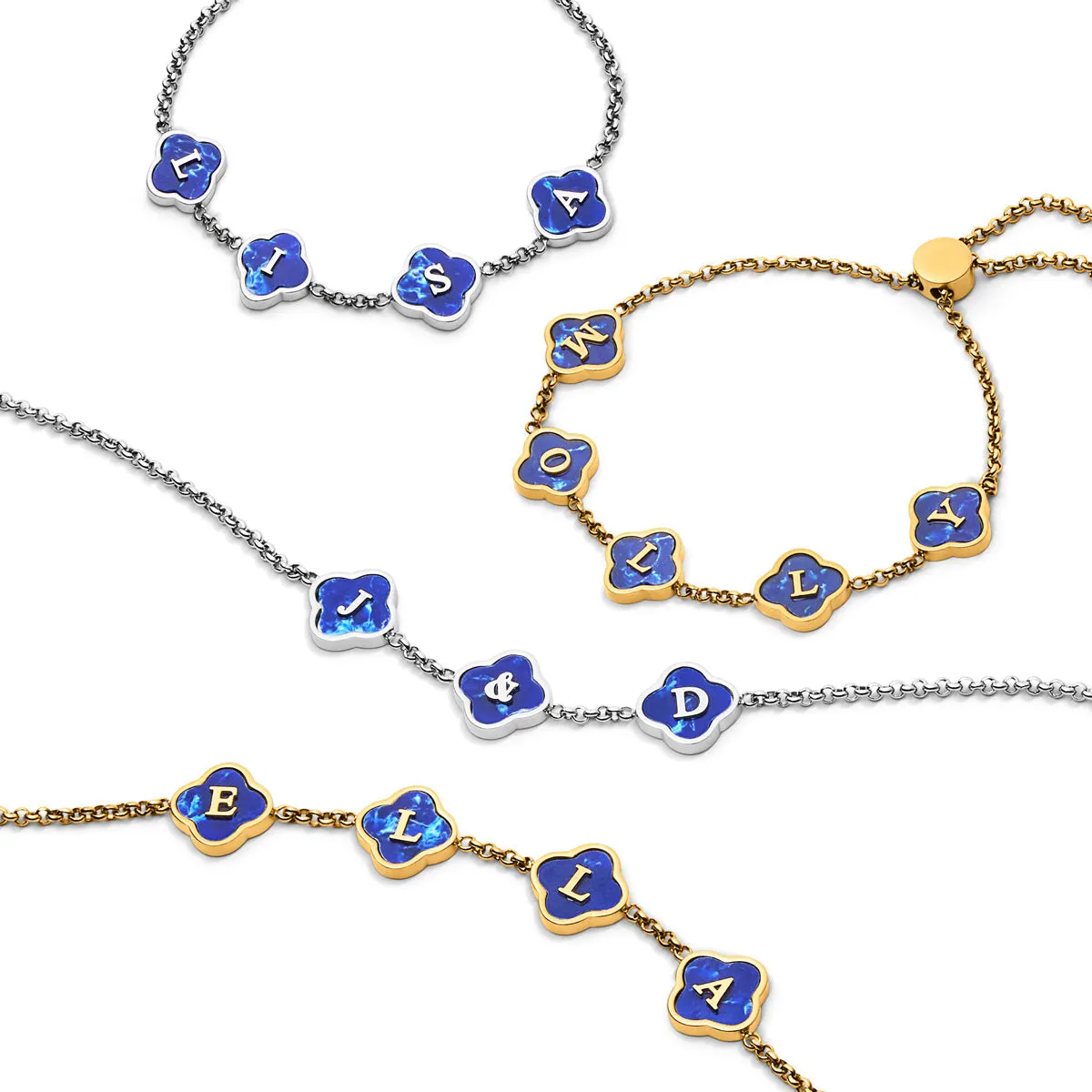 Blue Lace Agate Clover Custom Name Necklace (Silver)