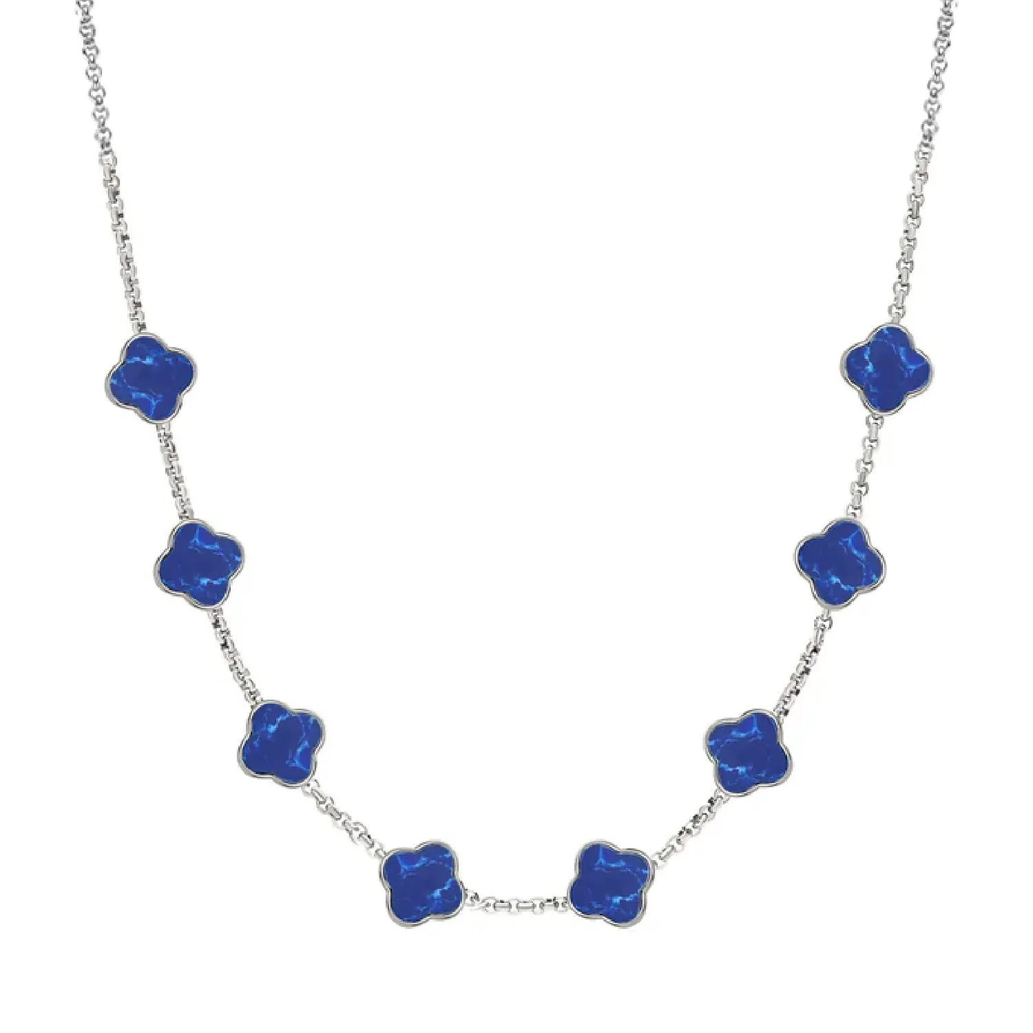 Blue Lace Agate Clover Custom Name Necklace (Silver)