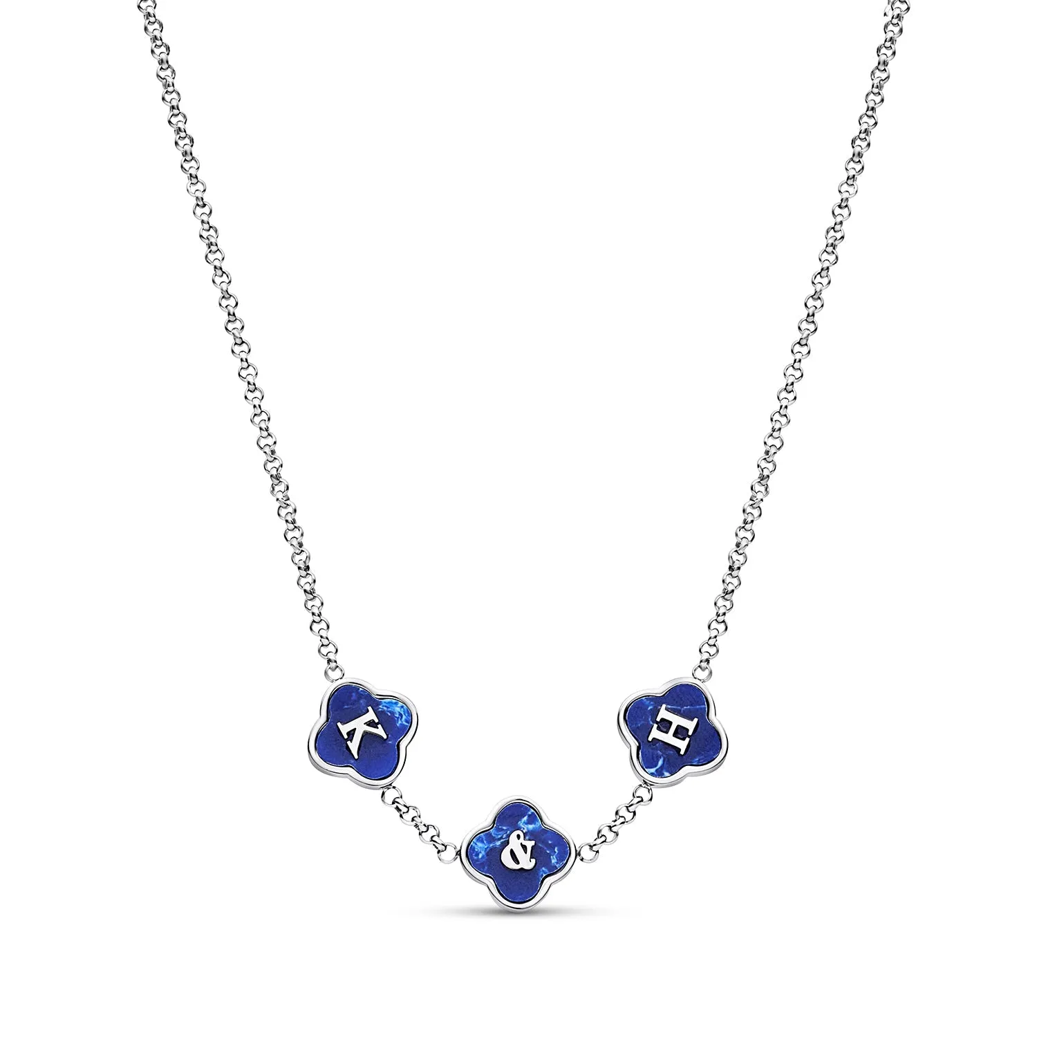 Blue Lace Agate Clover Custom Name Necklace (Silver)