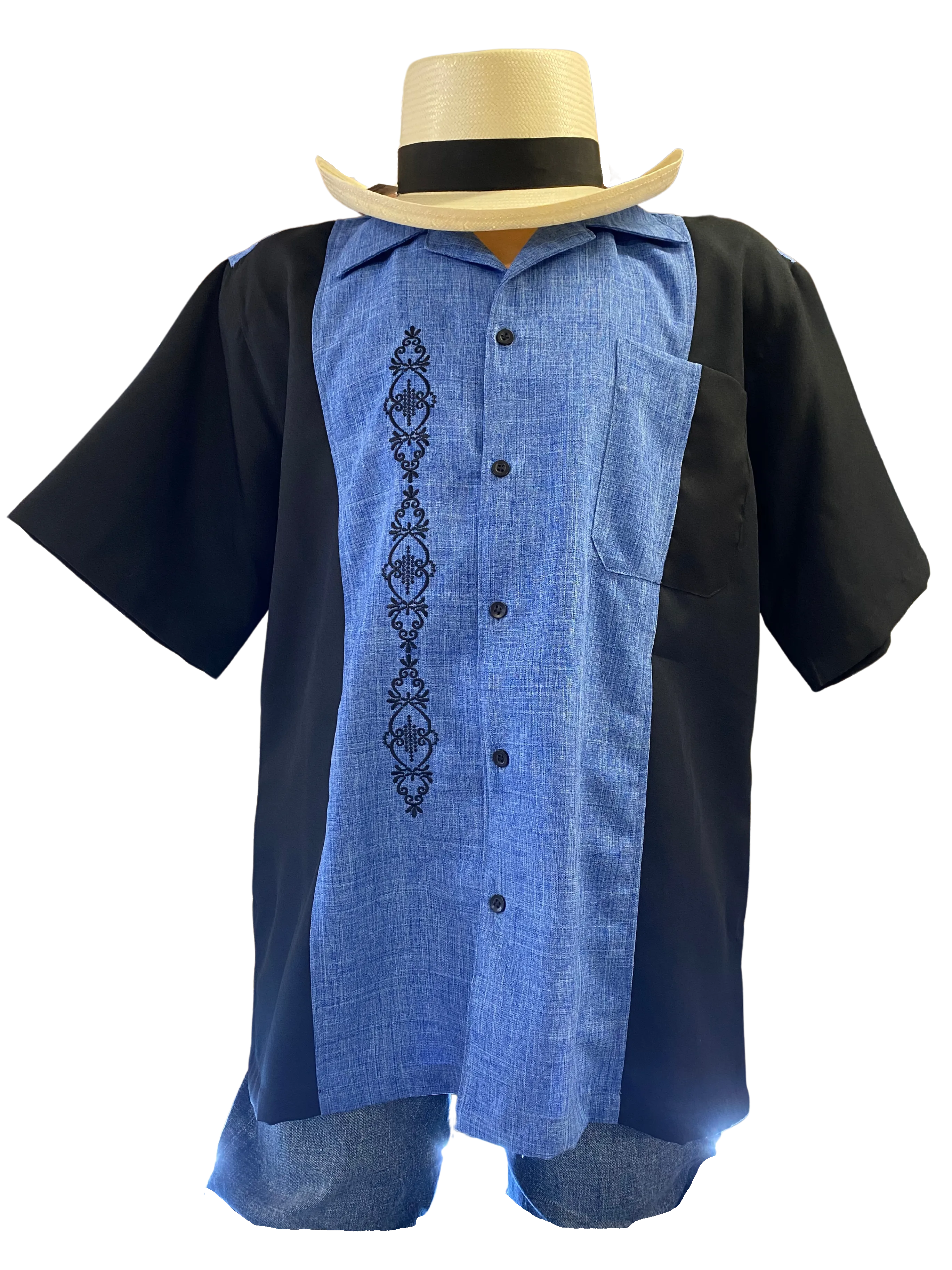 Blue w/Black Cuban Shirt Collar Guayabera