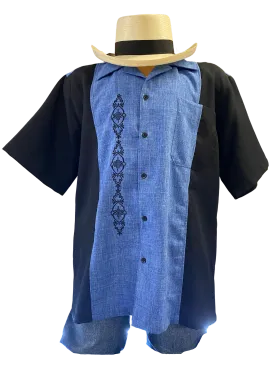 Blue w/Black Cuban Shirt Collar Guayabera