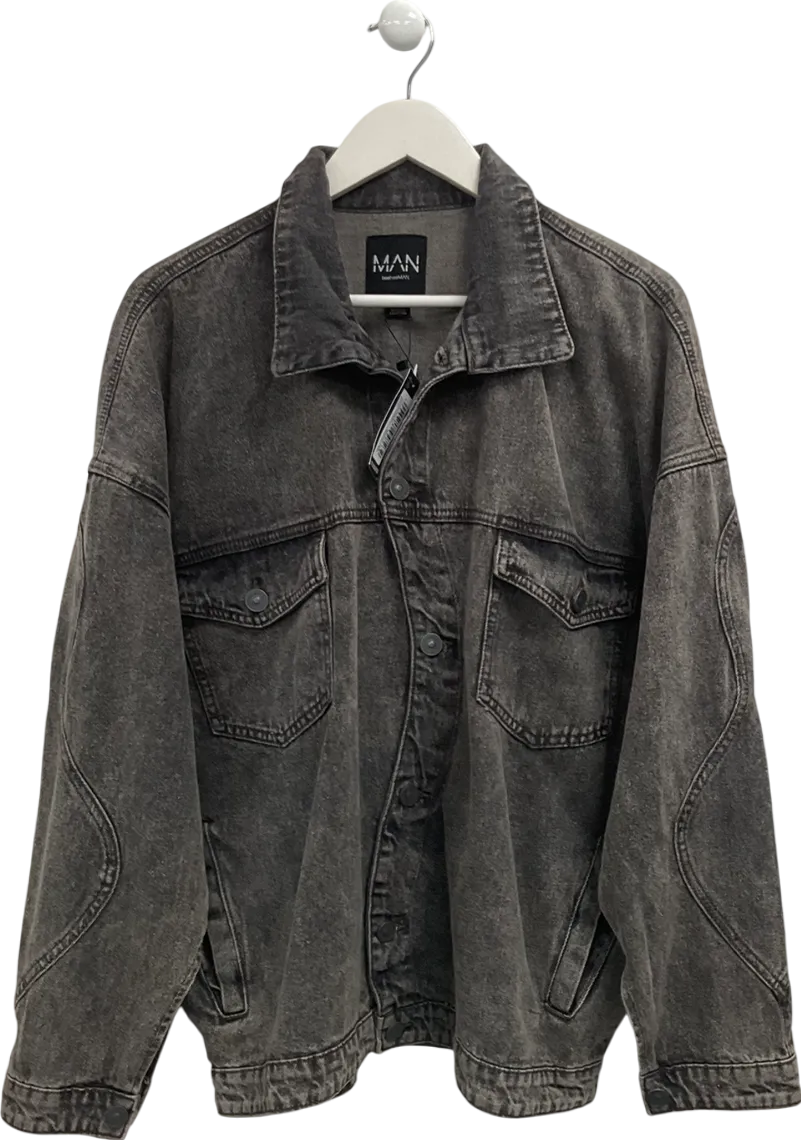 boohooMan Black Oversized Overdyed Curved Placket Denim Jacket UK L