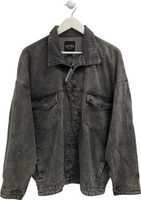 boohooMan Black Oversized Overdyed Curved Placket Denim Jacket UK L