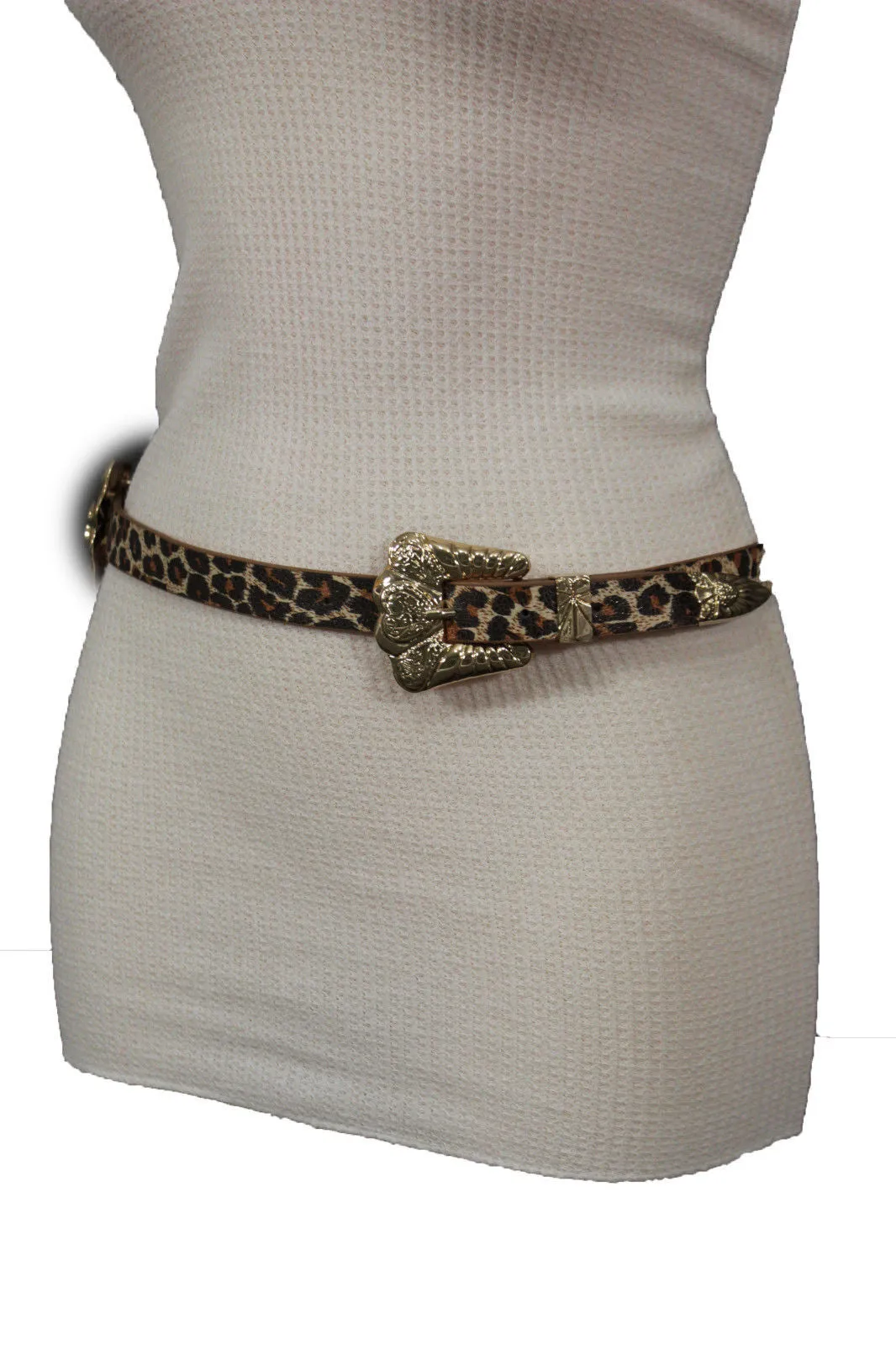Brown Black Animal Print Faux Leather Belt Double Buckles S-M