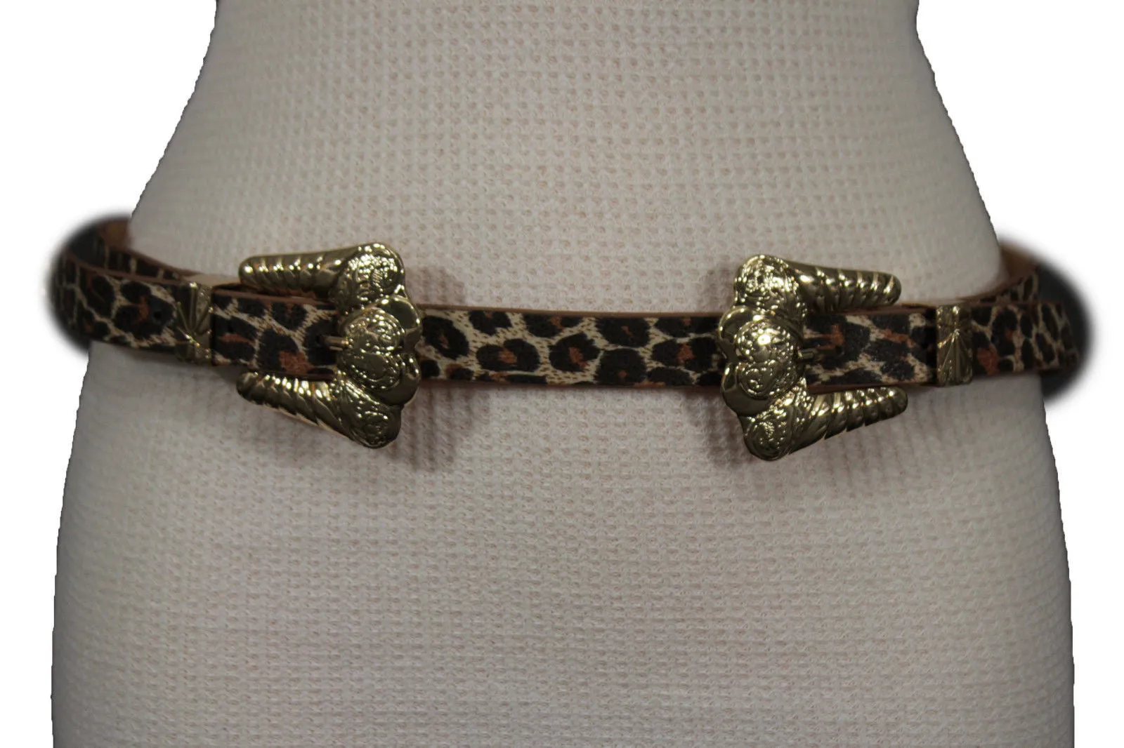 Brown Black Animal Print Faux Leather Belt Double Buckles S-M