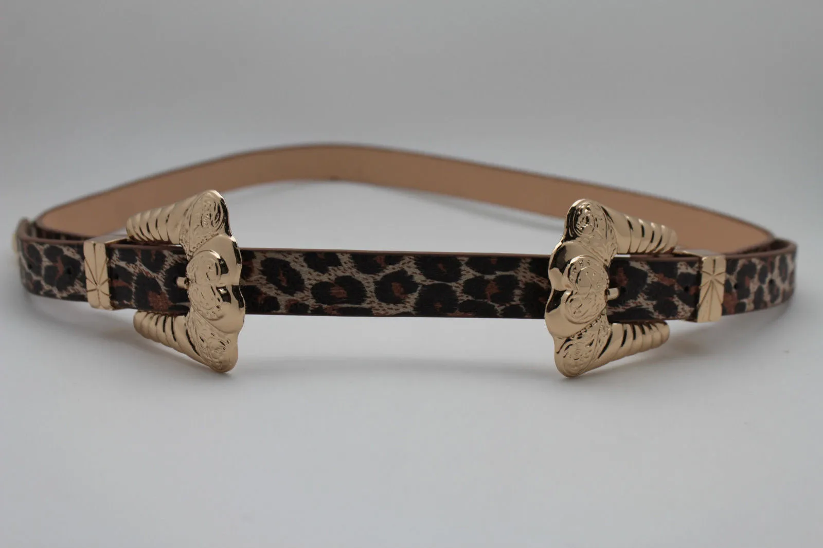 Brown Black Animal Print Faux Leather Belt Double Buckles S-M