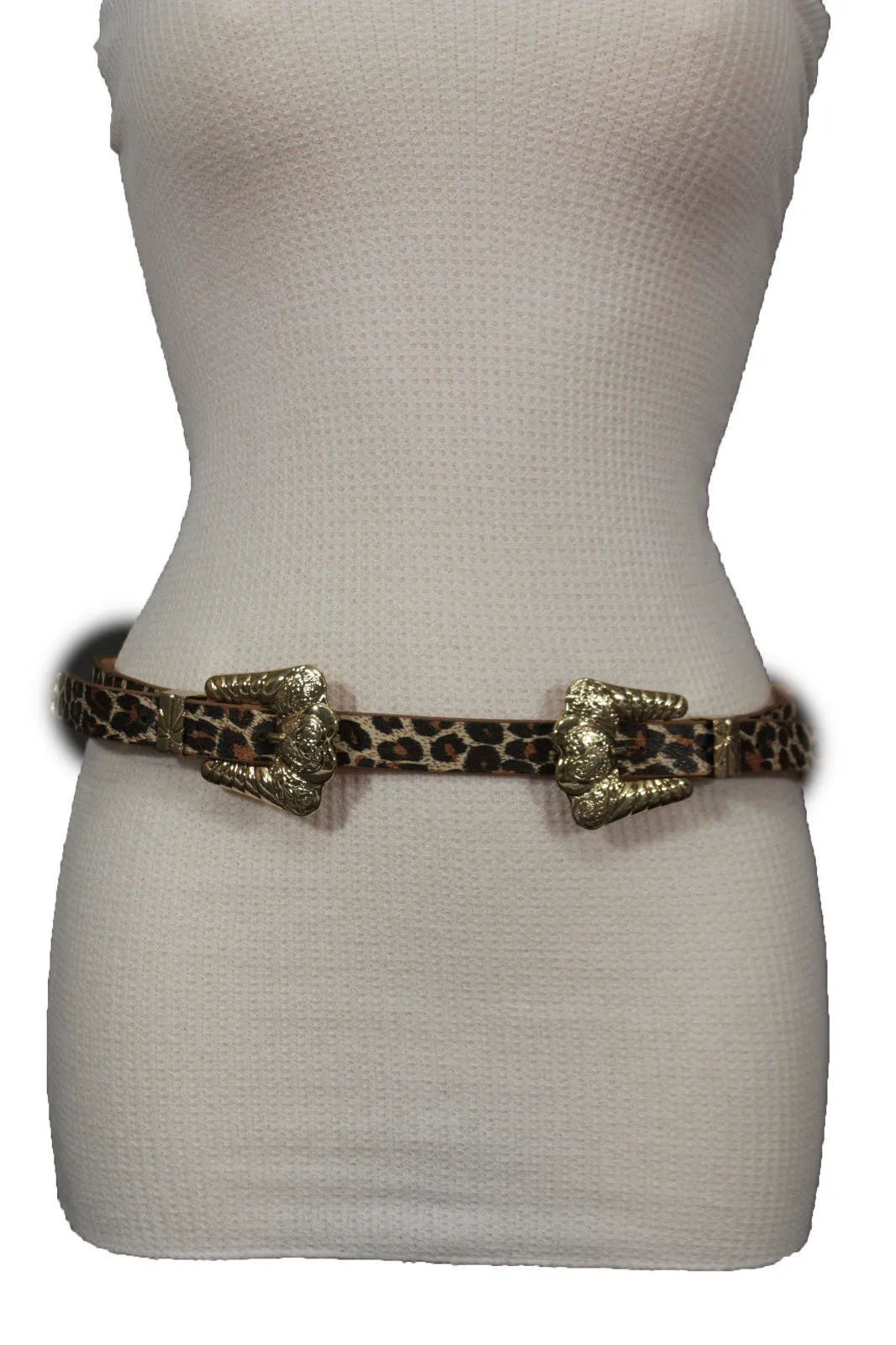Brown Black Animal Print Faux Leather Belt Double Buckles S-M