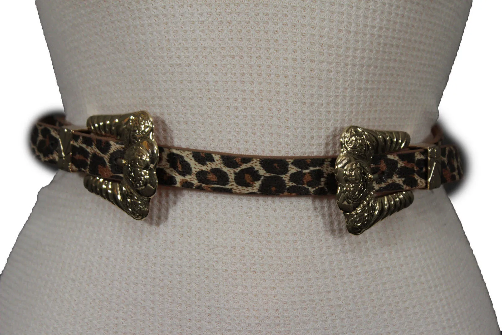 Brown Black Animal Print Faux Leather Belt Double Buckles S-M