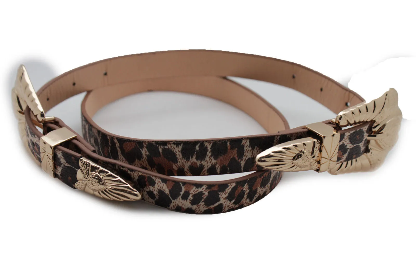 Brown Black Animal Print Faux Leather Belt Double Buckles S-M