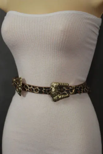Brown Black Animal Print Faux Leather Belt Double Buckles S-M