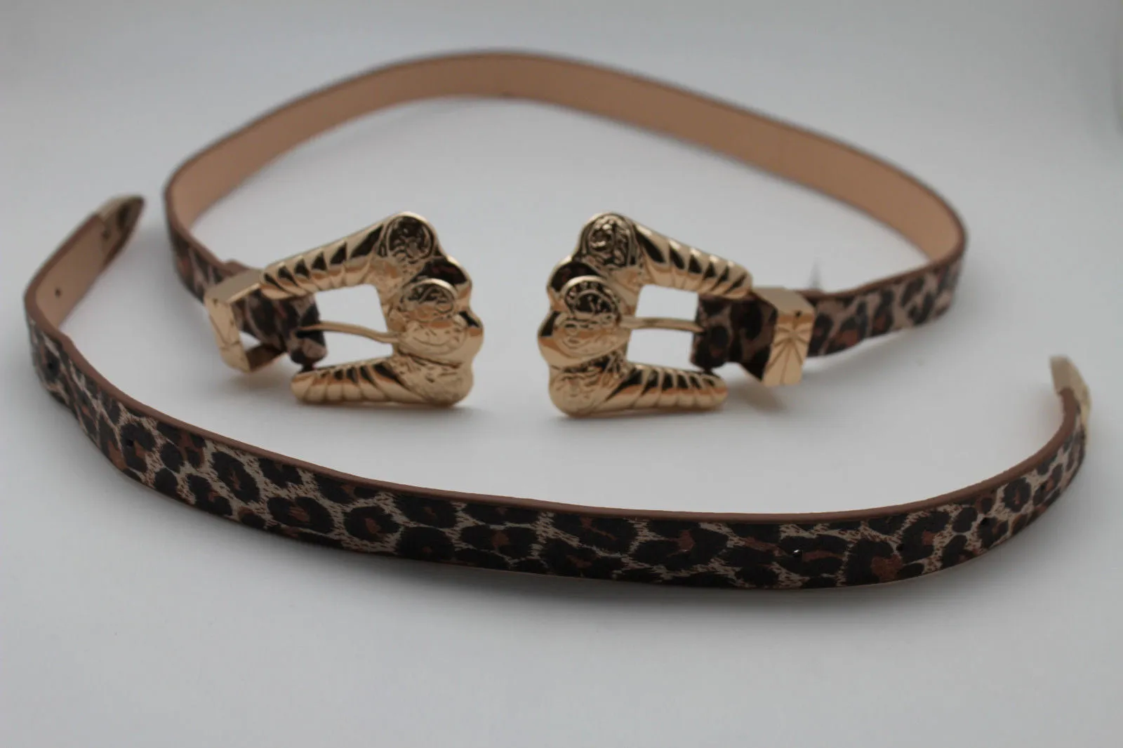 Brown Black Animal Print Faux Leather Belt Double Buckles S-M