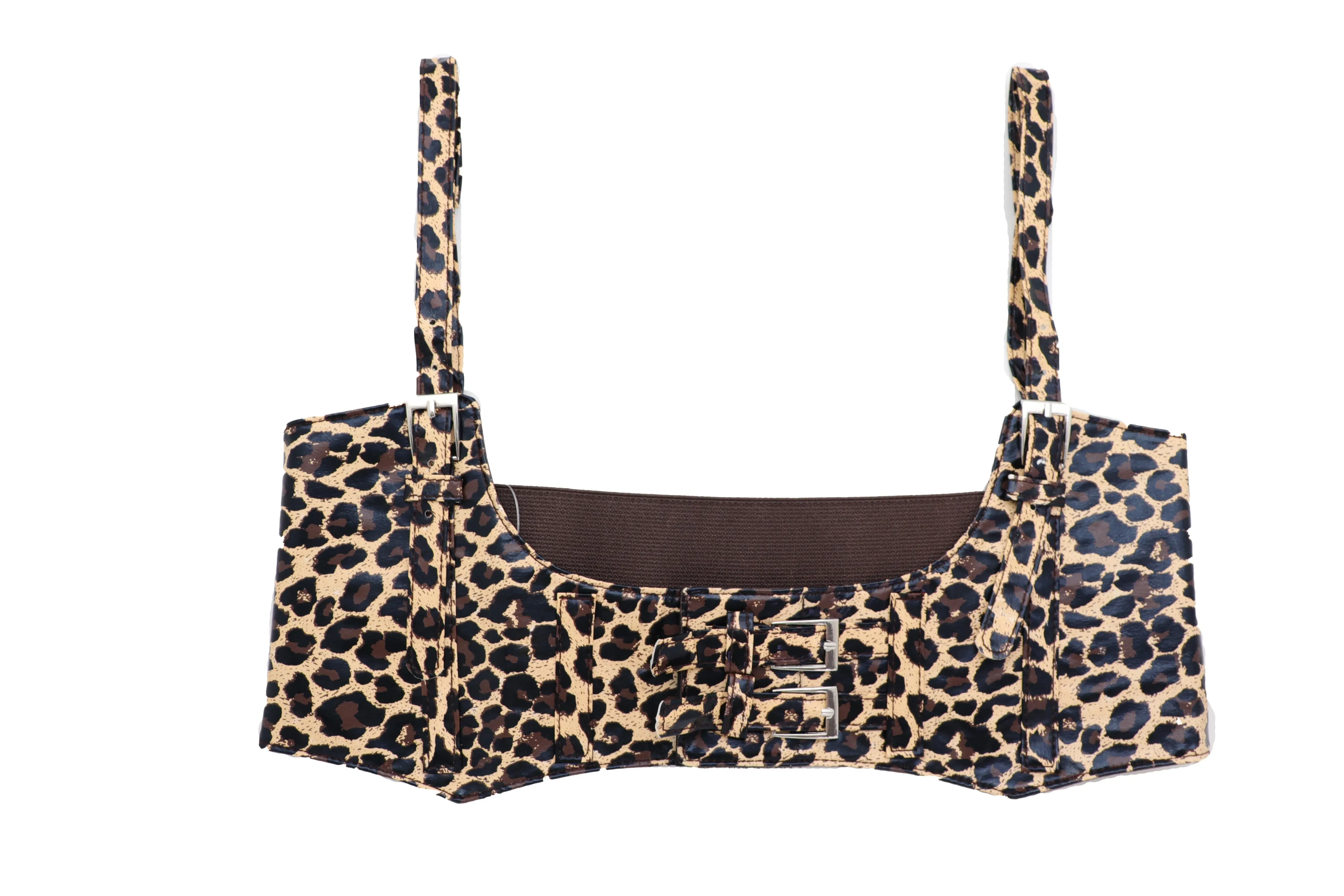 Brown Stretch Leopard High Waist Corset Shoulder Strap Fashion Belt Size M