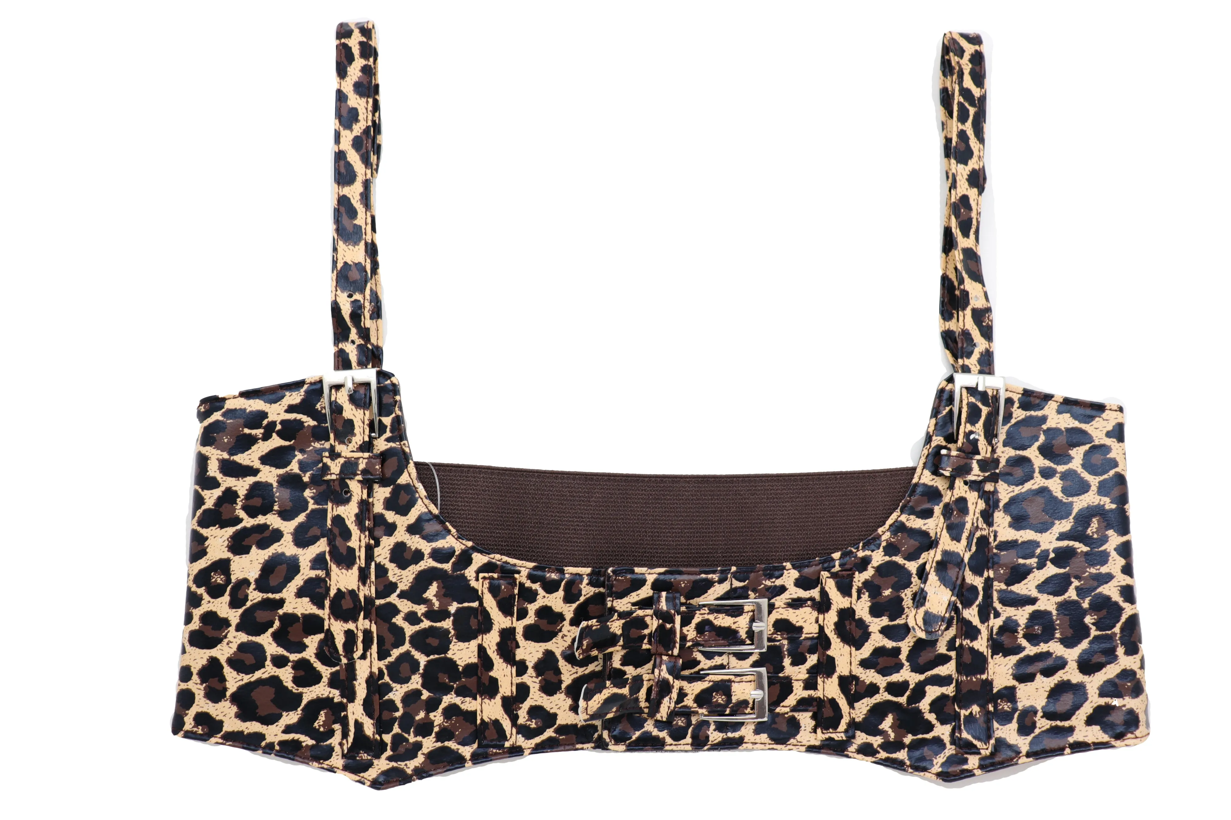 Brown Stretch Leopard High Waist Corset Shoulder Strap Fashion Belt Size M
