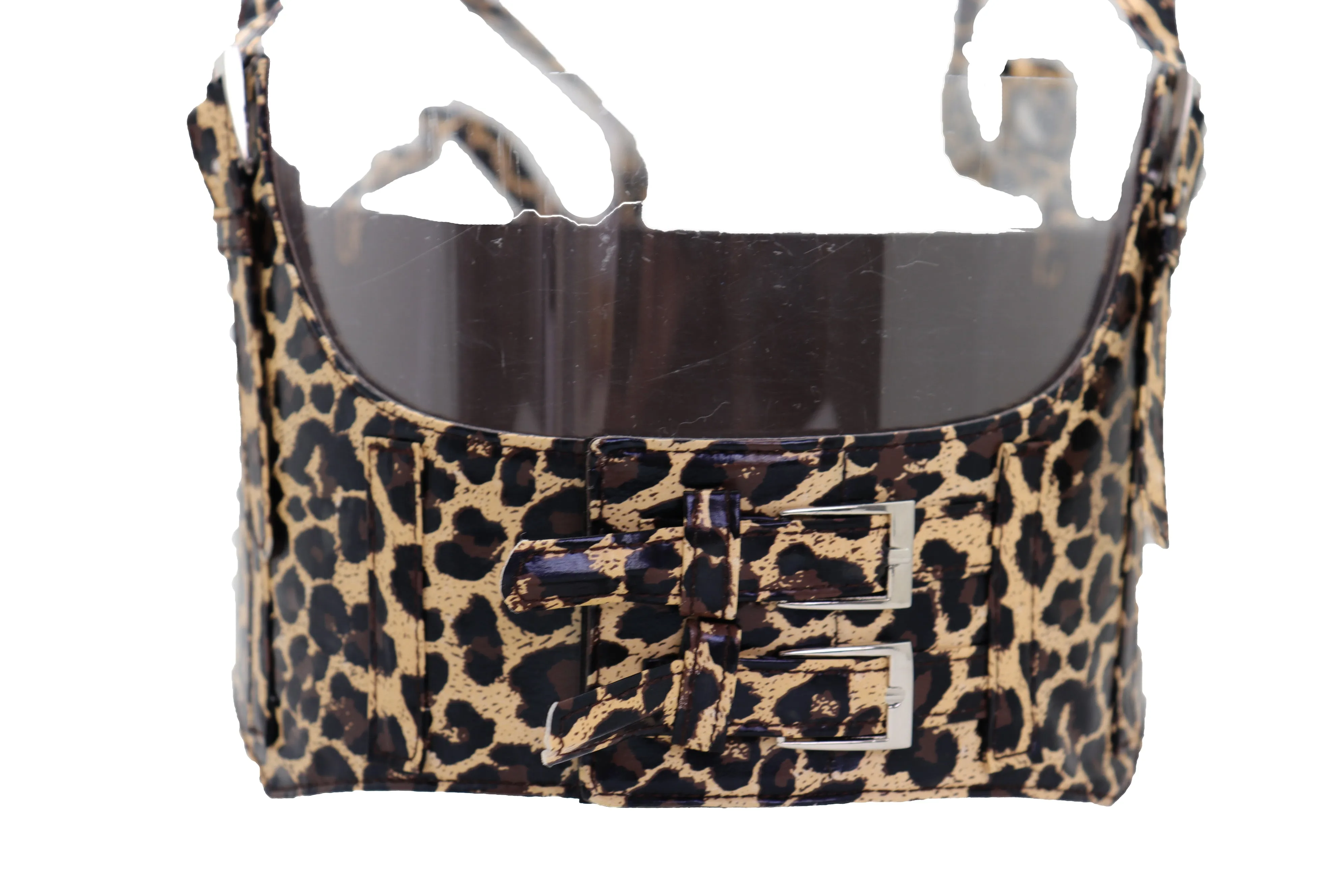Brown Stretch Leopard High Waist Corset Shoulder Strap Fashion Belt Size M