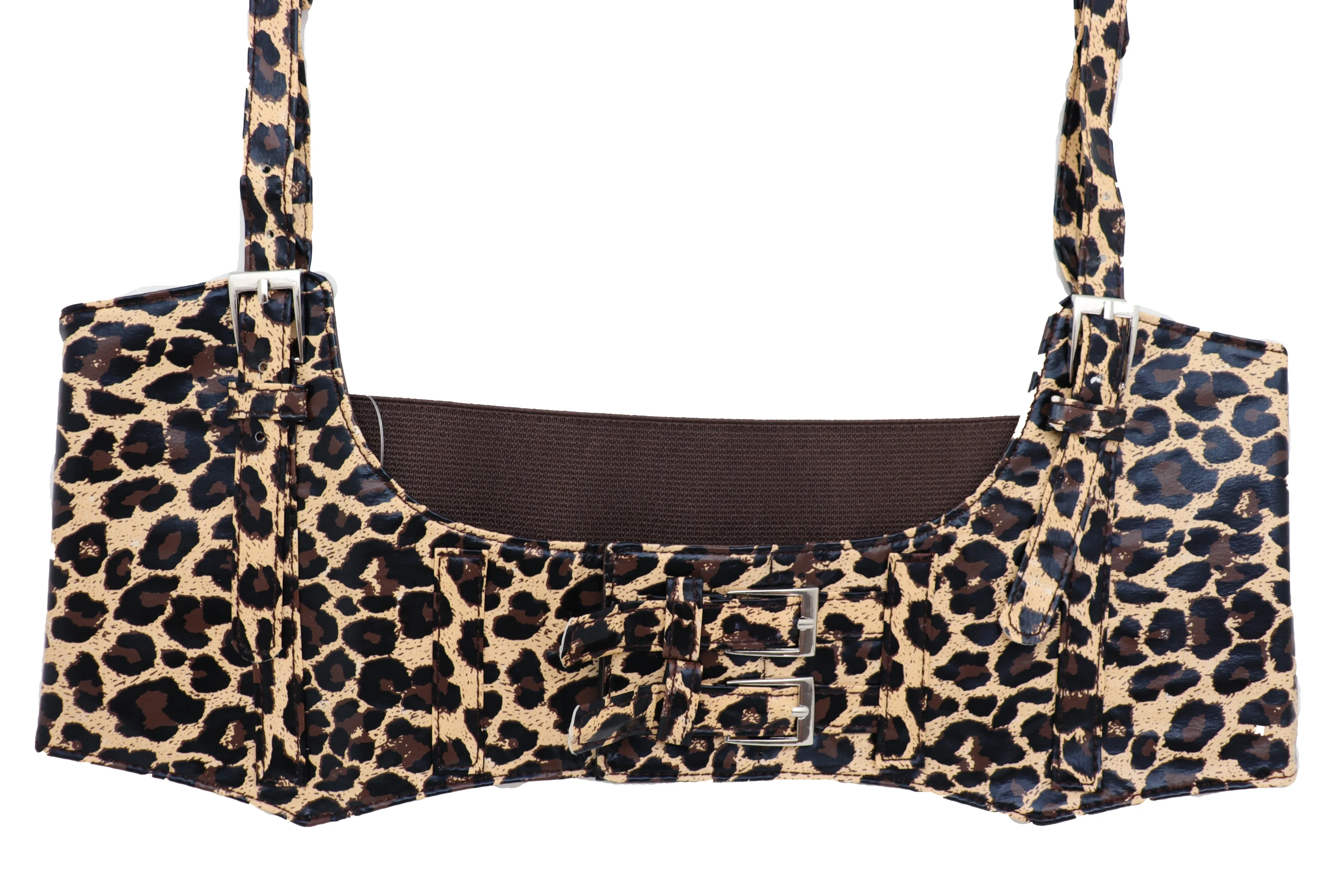 Brown Stretch Leopard High Waist Corset Shoulder Strap Fashion Belt Size M