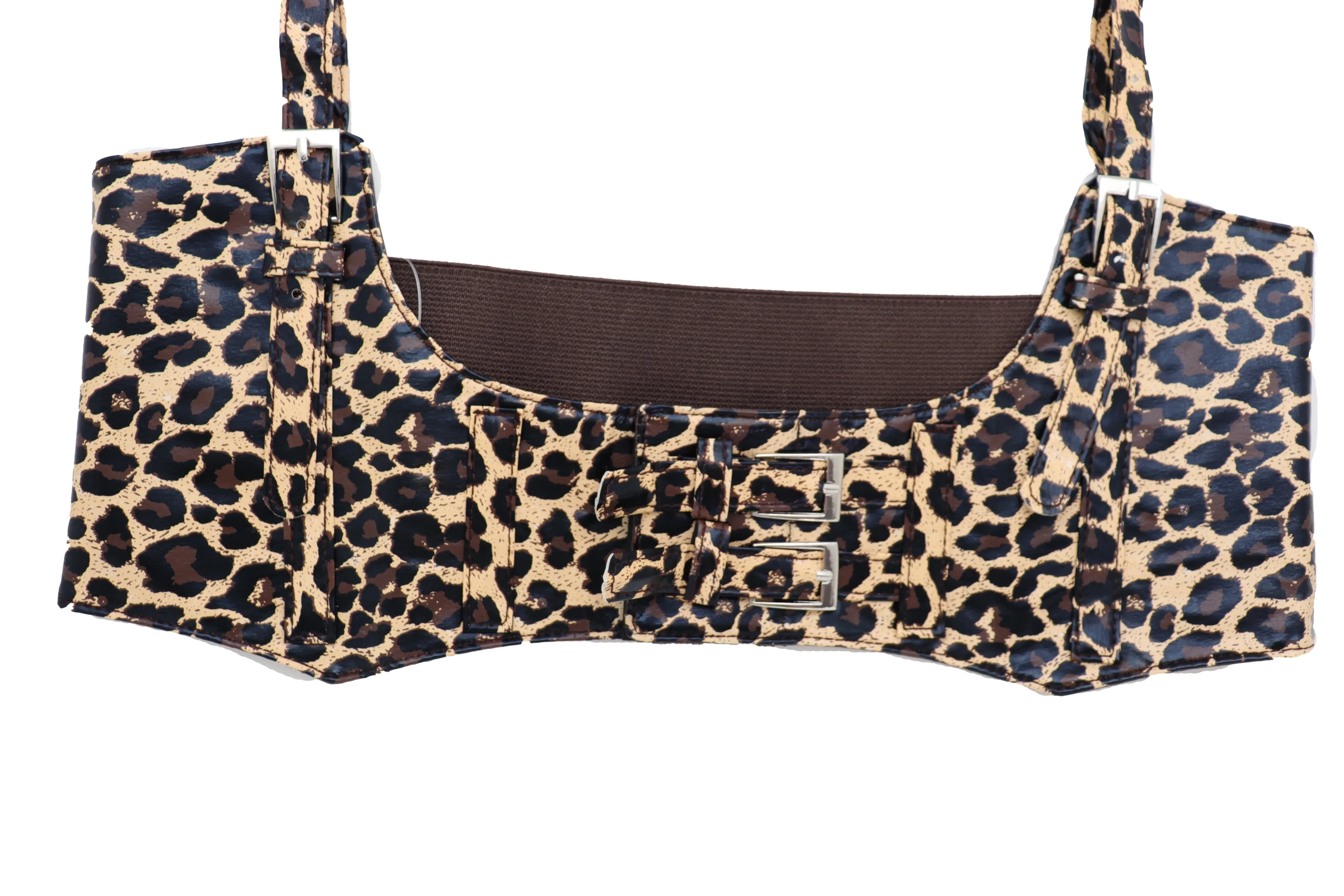 Brown Stretch Leopard High Waist Corset Shoulder Strap Fashion Belt Size M