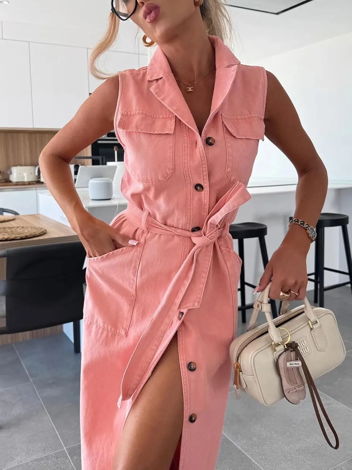 CHARTOU Women Lapel Sleeveless Denim Shirt Dress Button Down Belted Jean Dress with Pockets