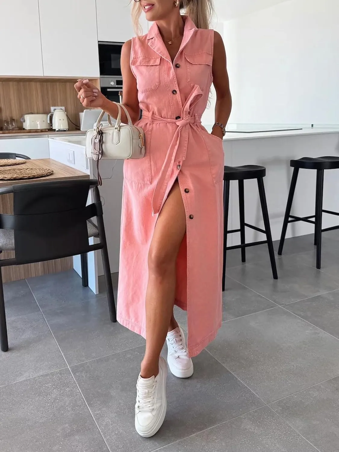 CHARTOU Women Lapel Sleeveless Denim Shirt Dress Button Down Belted Jean Dress with Pockets