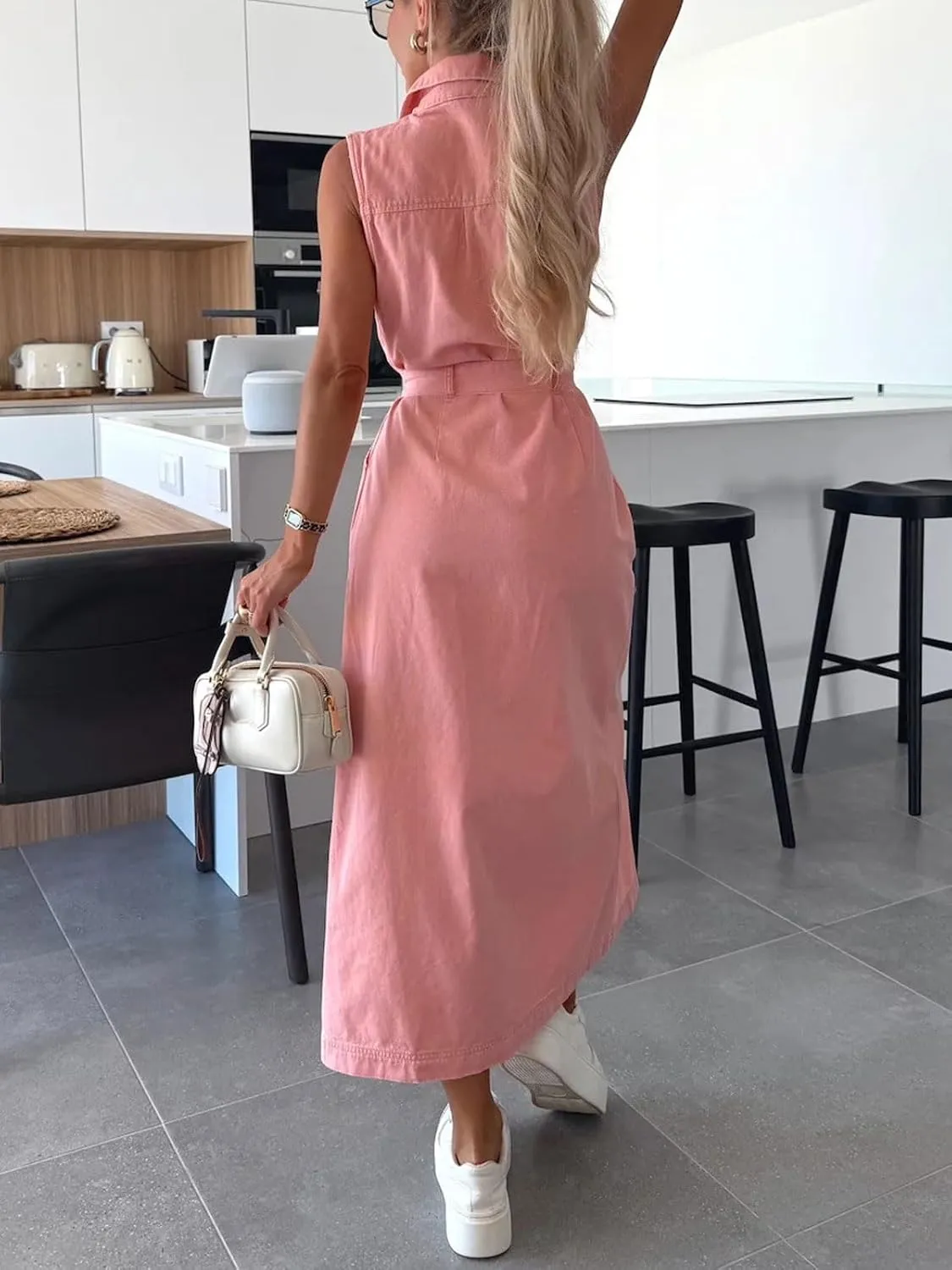 CHARTOU Women Lapel Sleeveless Denim Shirt Dress Button Down Belted Jean Dress with Pockets