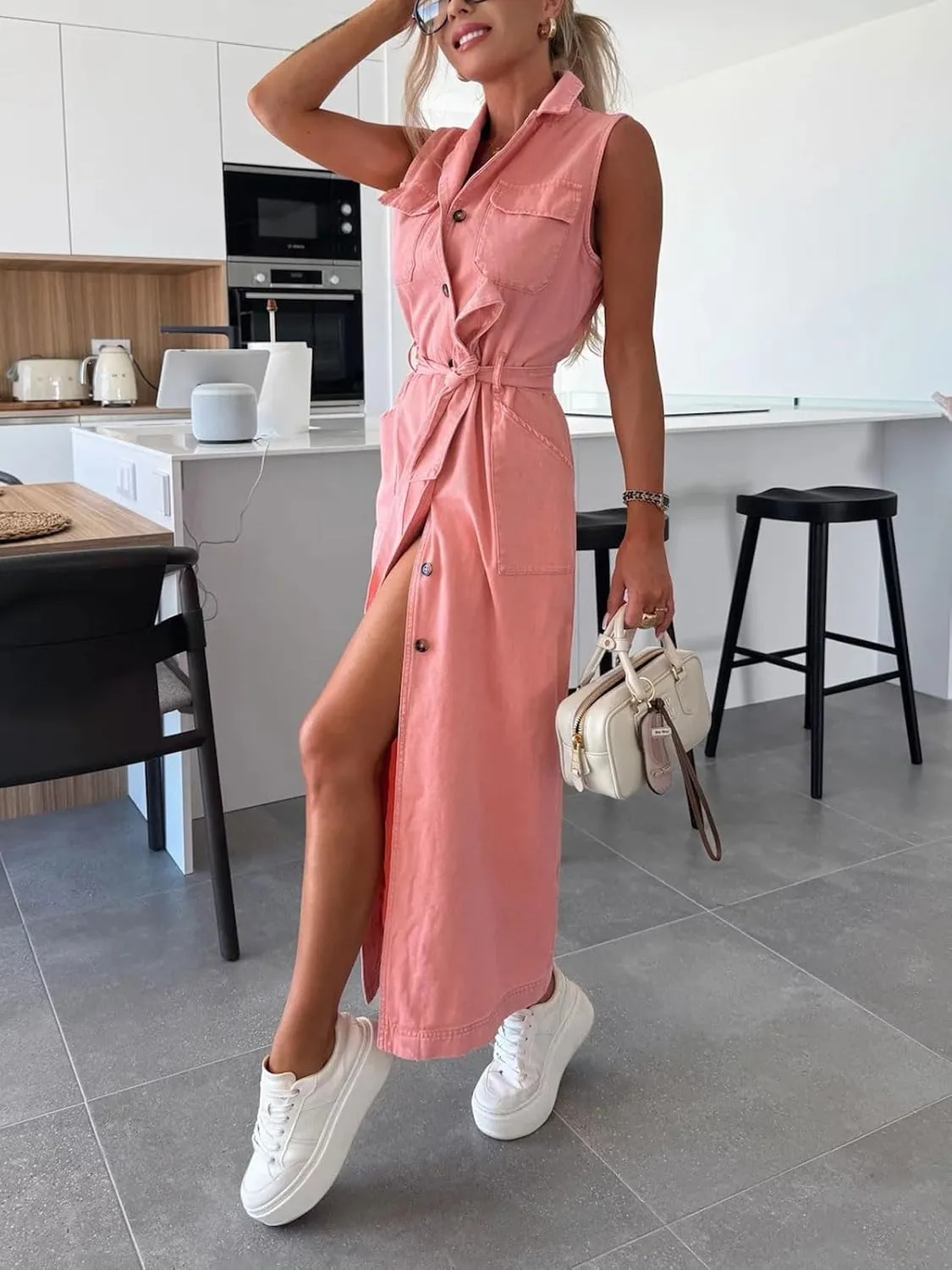 CHARTOU Women Lapel Sleeveless Denim Shirt Dress Button Down Belted Jean Dress with Pockets