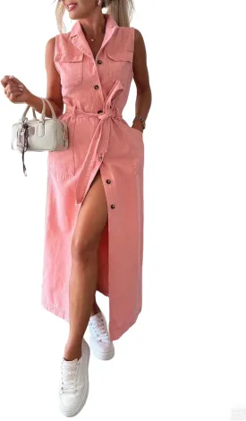 CHARTOU Women Lapel Sleeveless Denim Shirt Dress Button Down Belted Jean Dress with Pockets