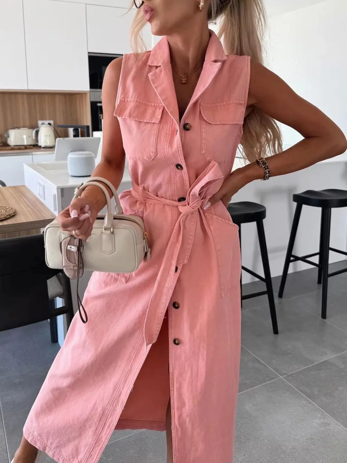 CHARTOU Women Lapel Sleeveless Denim Shirt Dress Button Down Belted Jean Dress with Pockets