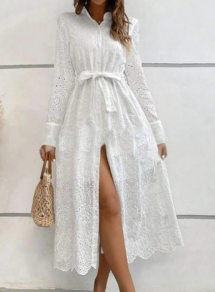 chouyatou Women's Elegant Lace Eyelet Embroidery Shirt Dress Long Sleeve Boho Belted Midi Long Button Down Dress