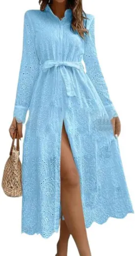 chouyatou Women's Elegant Lace Eyelet Embroidery Shirt Dress Long Sleeve Boho Belted Midi Long Button Down Dress