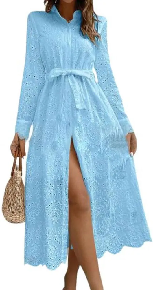 chouyatou Women's Elegant Lace Eyelet Embroidery Shirt Dress Long Sleeve Boho Belted Midi Long Button Down Dress