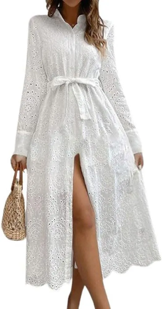 chouyatou Women's Elegant Lace Eyelet Embroidery Shirt Dress Long Sleeve Boho Belted Midi Long Button Down Dress