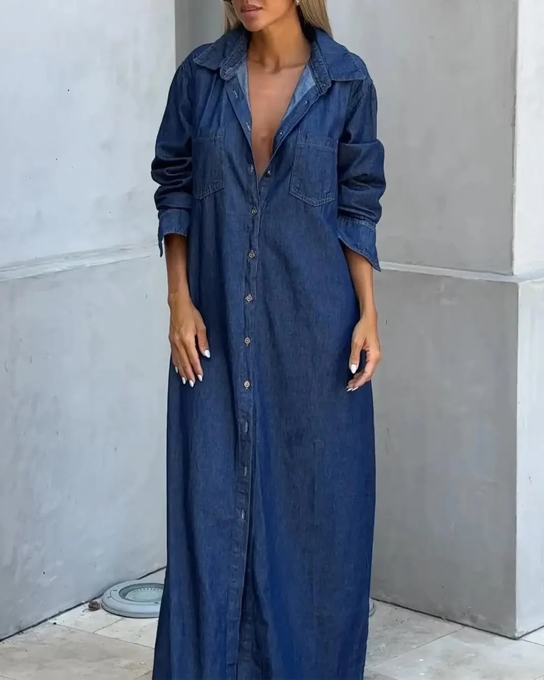 chouyatou Women's Long Sleeve Button Down Denim Maxi Shirt Dress Casual Lapel Side Slit Long Jean Shift Dress