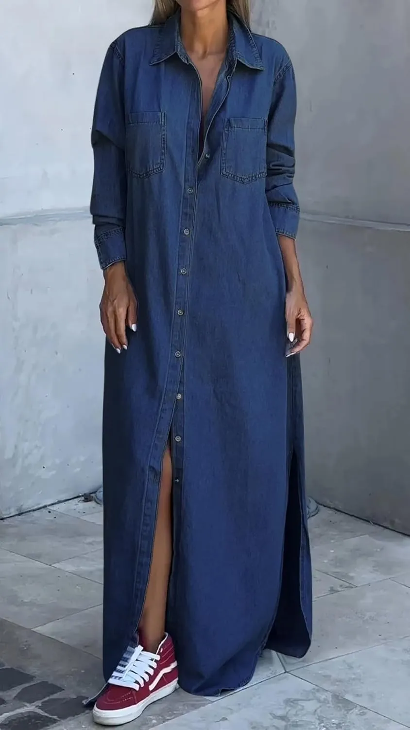 chouyatou Women's Long Sleeve Button Down Denim Maxi Shirt Dress Casual Lapel Side Slit Long Jean Shift Dress